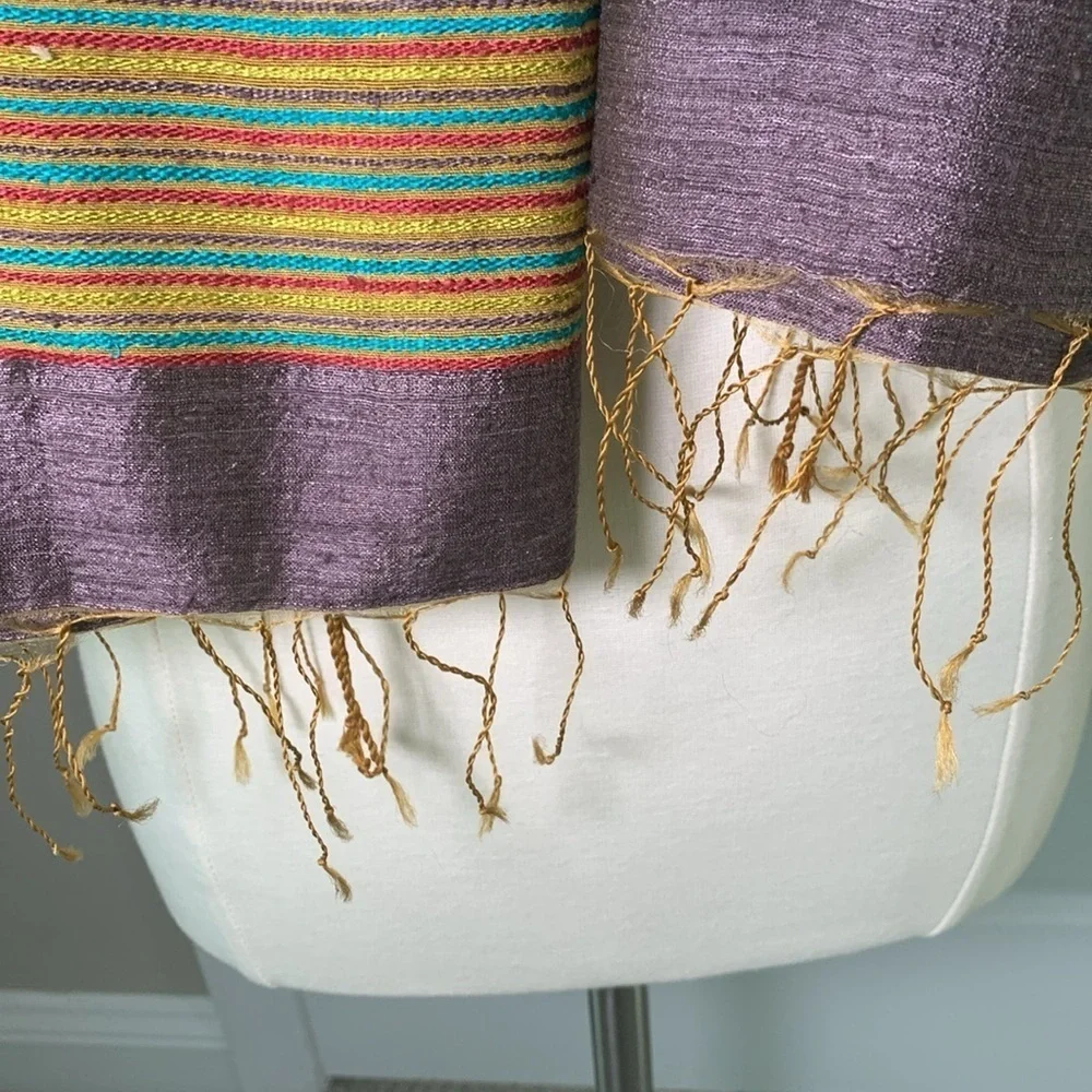 Karomi Indian scarf/stole pattern with stripes- warm jewel/earth tones 100% silk